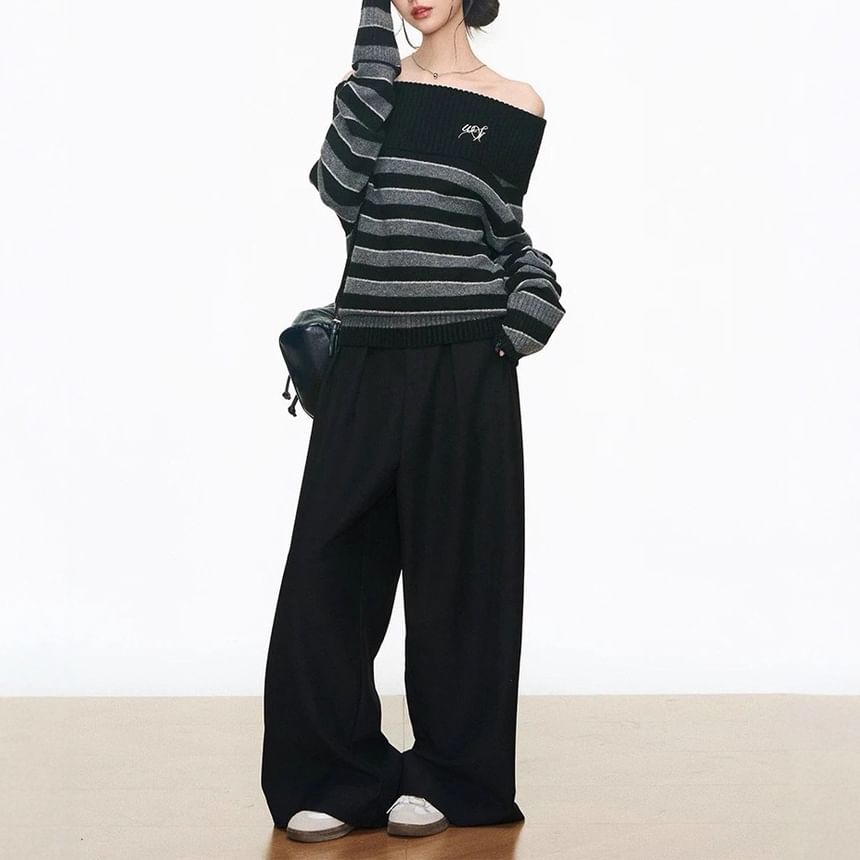 Off-Shoulder Striped Sweater / High Rise Plain Wide Leg Pants