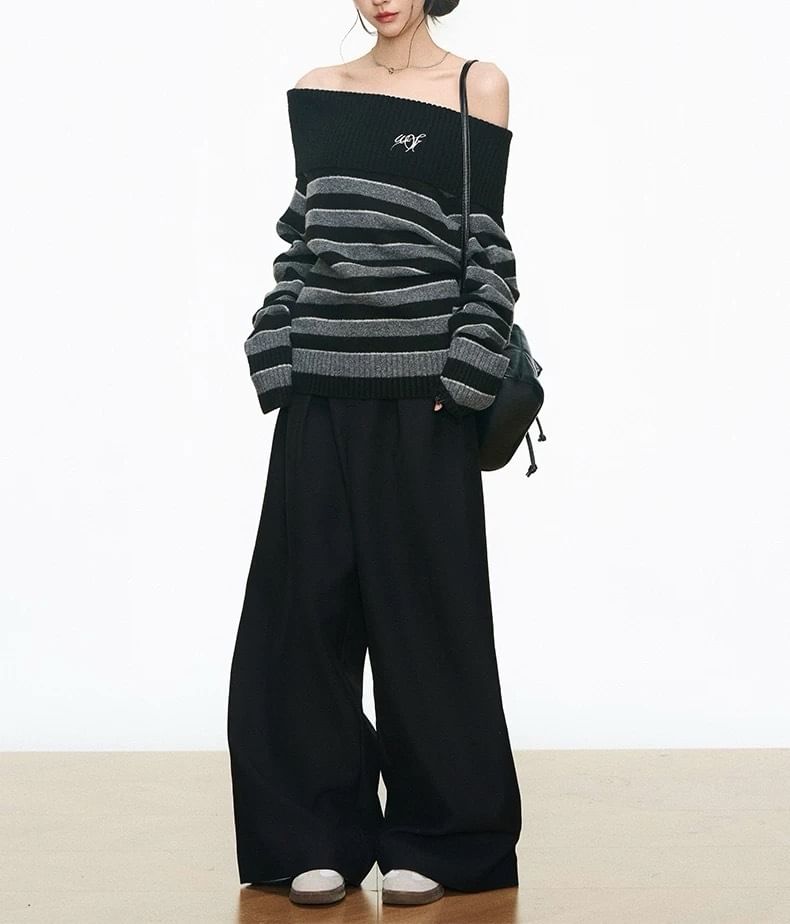 Off-Shoulder Striped Sweater / High Rise Plain Wide Leg Pants