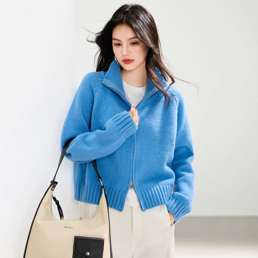 Stand Collar Zip-Up Plain Cardigan