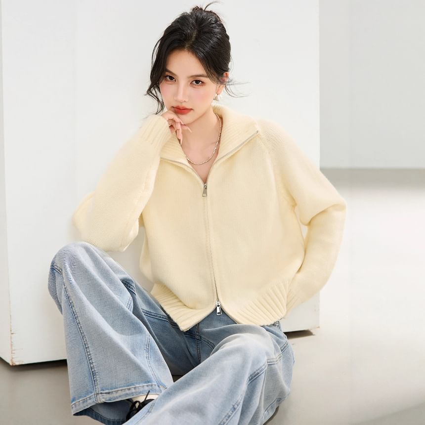Stand Collar Zip-Up Plain Cardigan