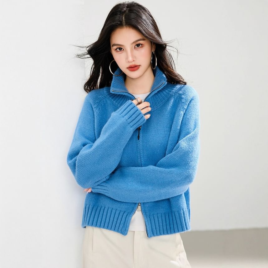 Stand Collar Zip-Up Plain Cardigan