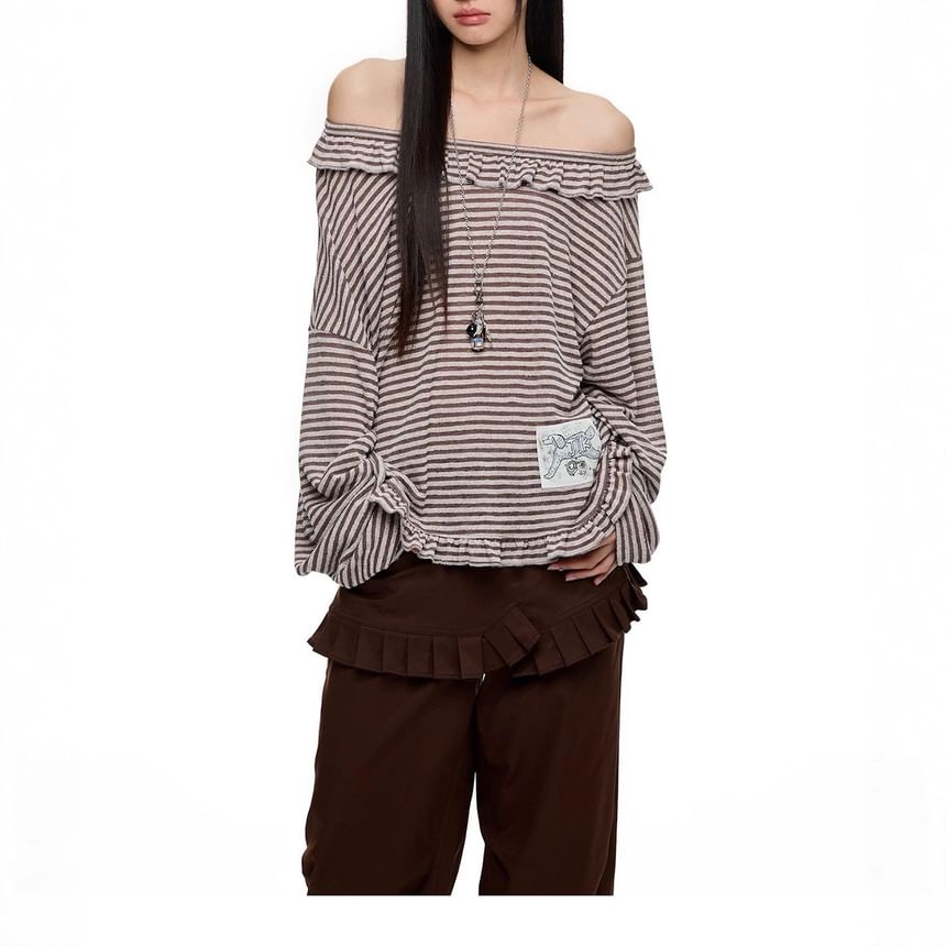 Long-Sleeve Off-Shoulder Striped Applique Ruffle Trim Tee