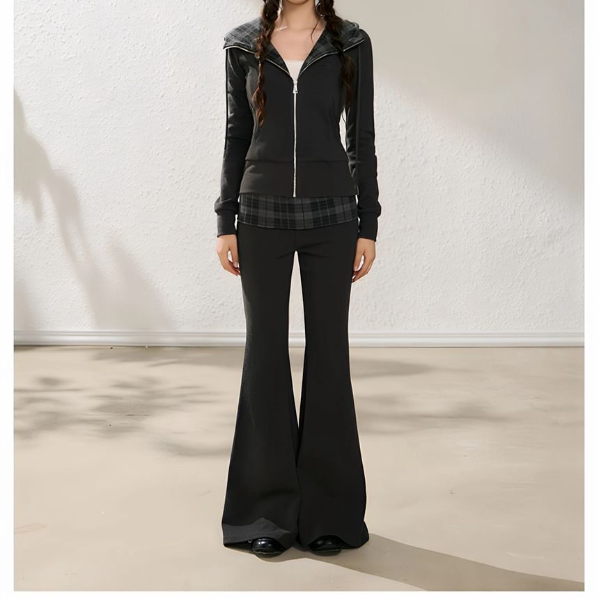 Plaid Zip-Up Fitted Hoodie + Flared High-Rise Pants