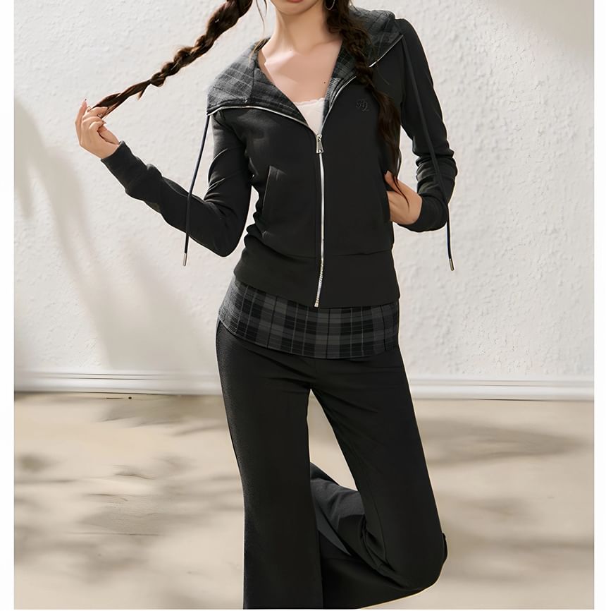 Plaid Panel Zip-Up Slim Fit Hoodie / High Waist Flared Pants
