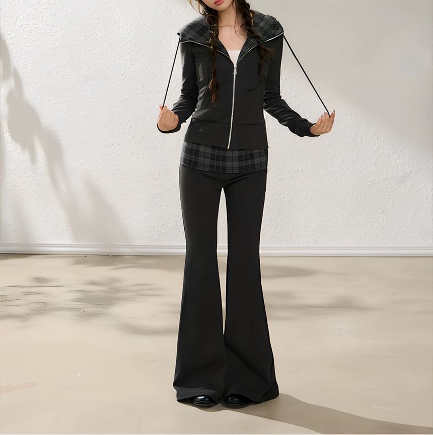 Plaid Panel Zip-Up Slim Fit Hoodie / High Waist Flared Pants