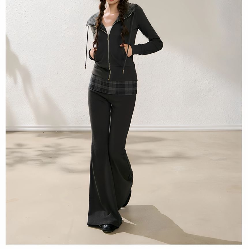 Plaid Panel Zip-Up Slim Fit Hoodie / High Waist Flared Pants