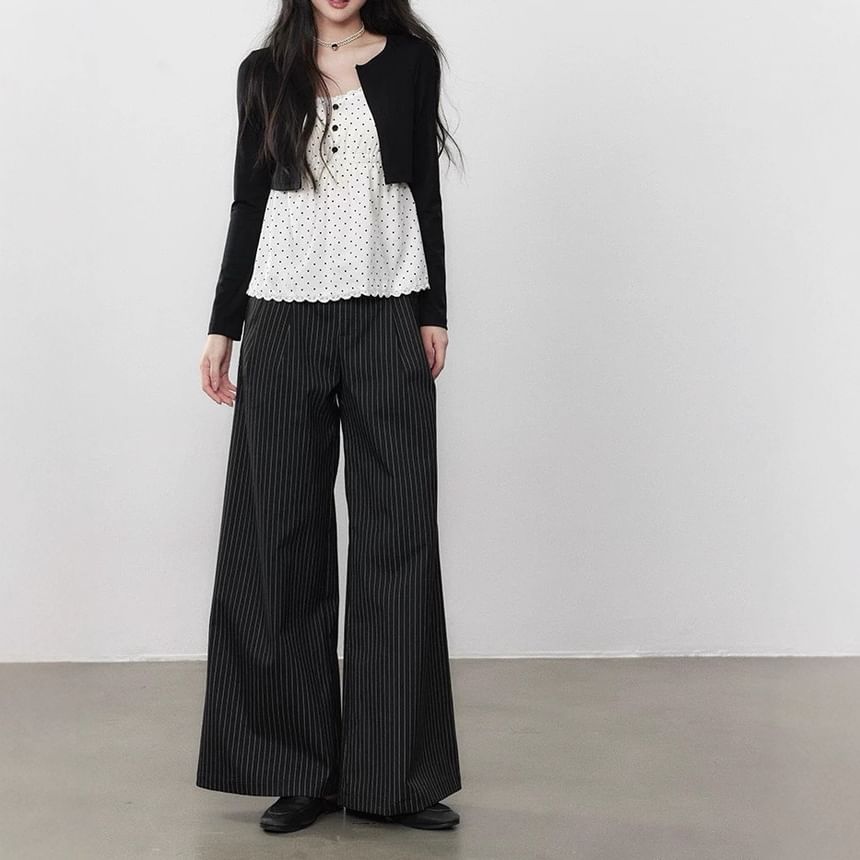 Mock Two-Piece Long-Sleeve Dotted Lace Trim Slim Fit Top / High Waist Striped Wide Leg Pants