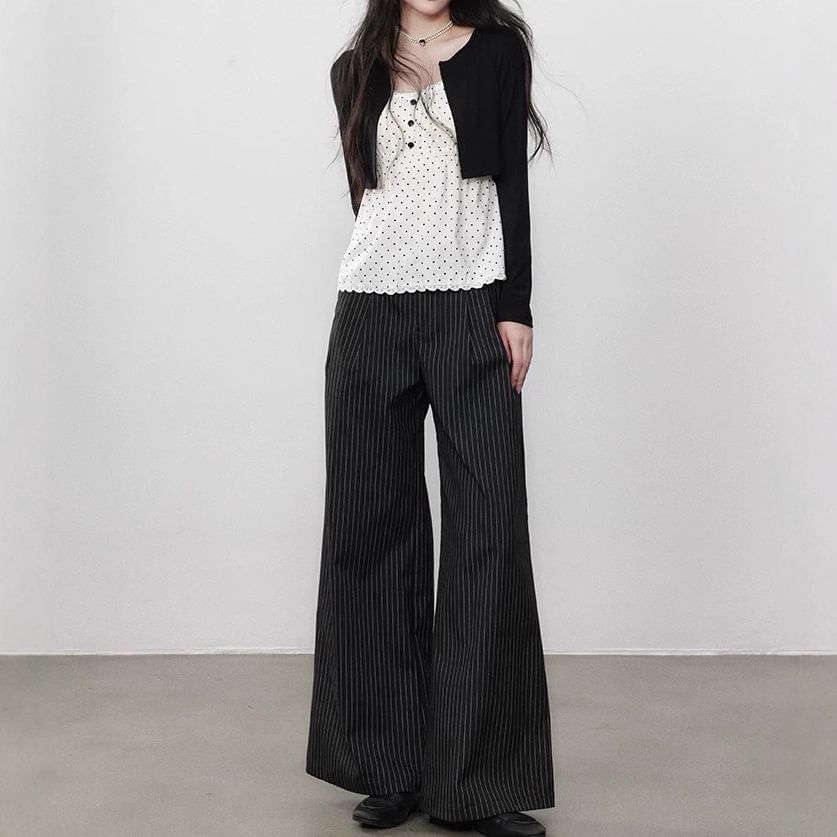 Dotted Lace-Trim Mock-Layer Sleeved Top + Striped Wide-Leg Pants