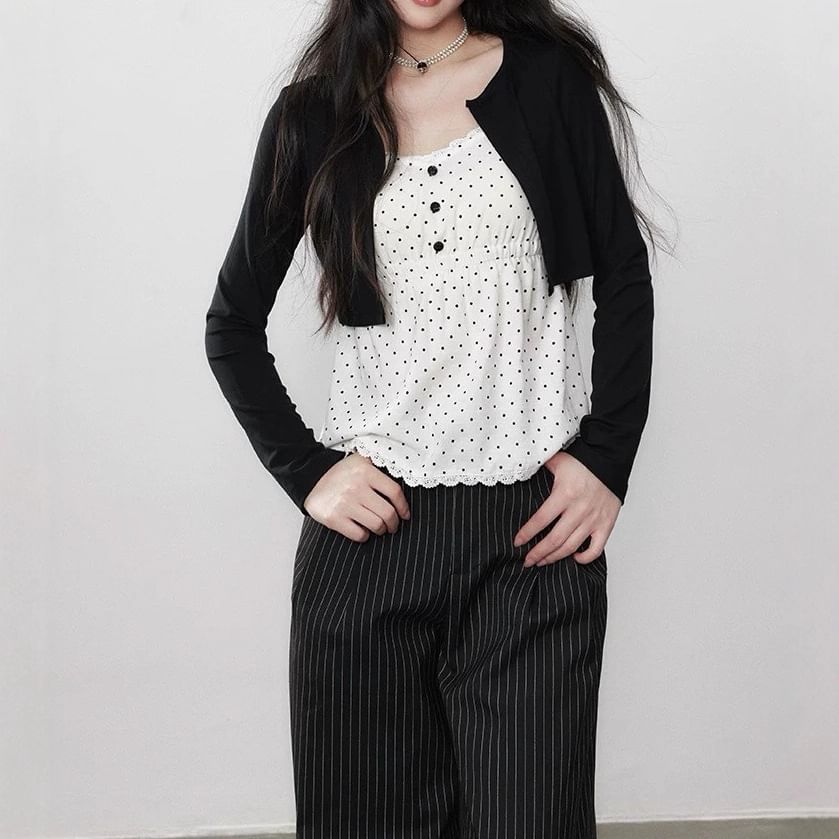 Mock Two-Piece Long-Sleeve Dotted Lace Trim Slim Fit Top / High Waist Striped Wide Leg Pants