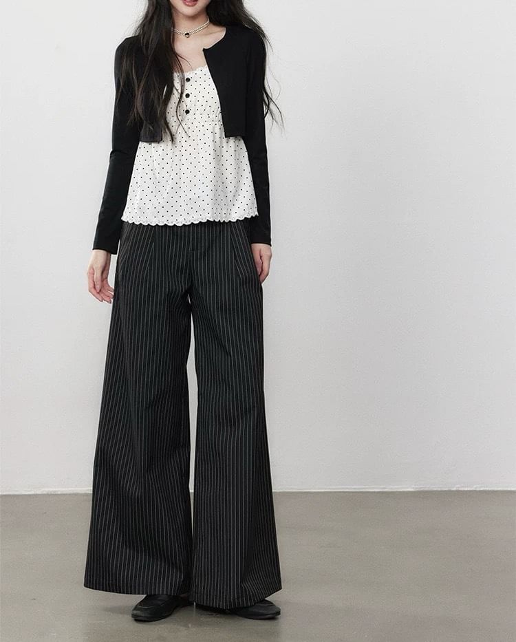 Mock Two-Piece Long-Sleeve Dotted Lace Trim Slim Fit Top / High Waist Striped Wide Leg Pants