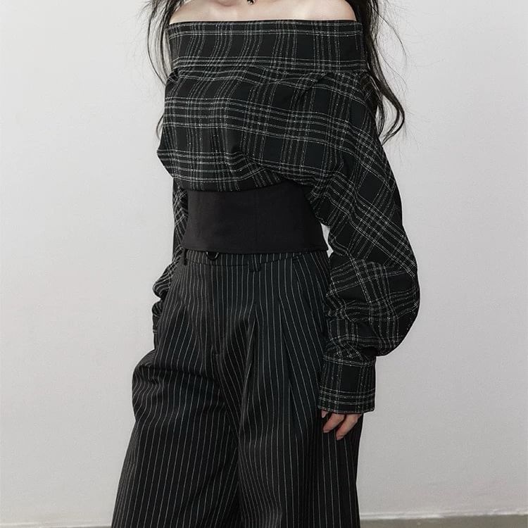 Long-Sleeve Off-Shoulder Plaid Crop Top / High Waist Striped Wide Leg Pants