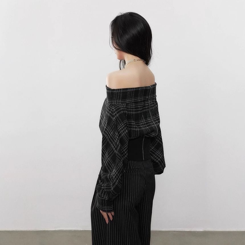 Long-Sleeve Off-Shoulder Plaid Crop Top / High Waist Striped Wide Leg Pants