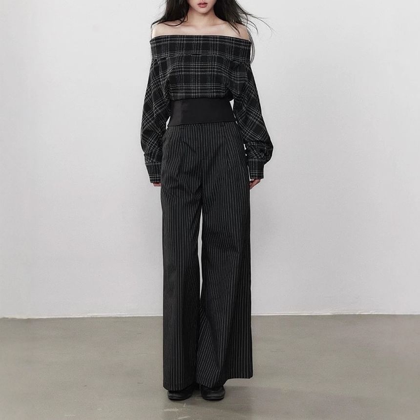 Long-Sleeve Off-Shoulder Plaid Crop Top / High Waist Striped Wide Leg Pants