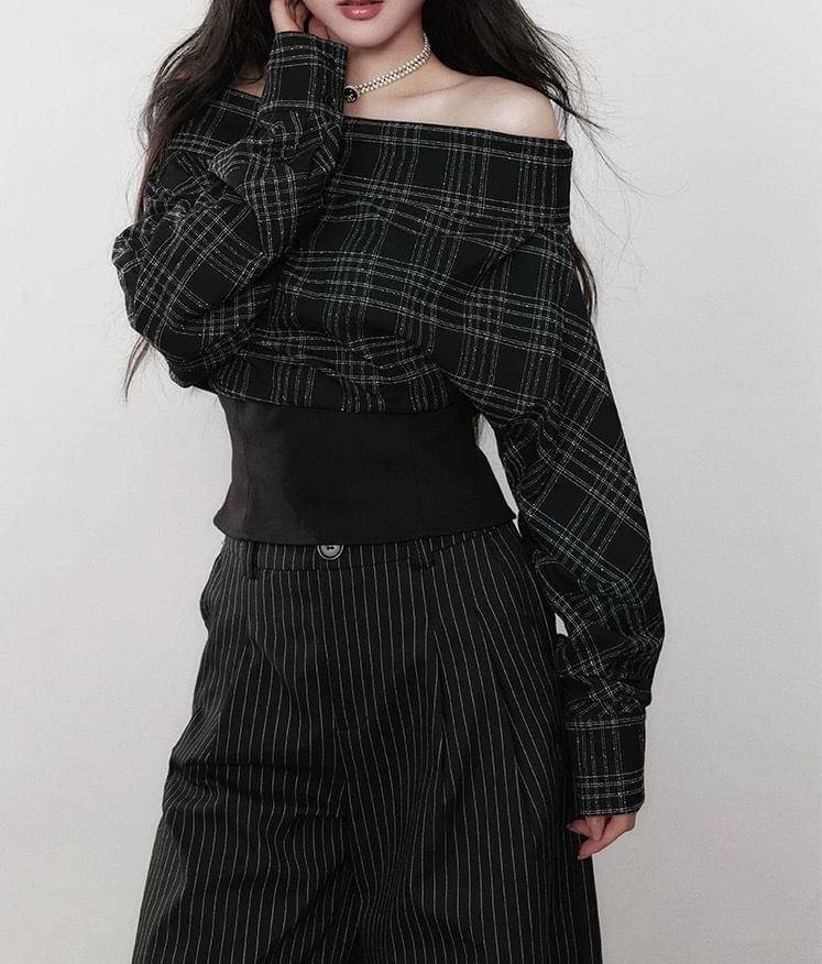 Long-Sleeve Off-Shoulder Plaid Crop Top / High Waist Striped Wide Leg Pants