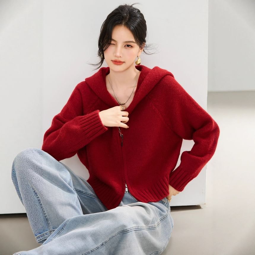 Plain Zip-Up Crop Knit Hoodie