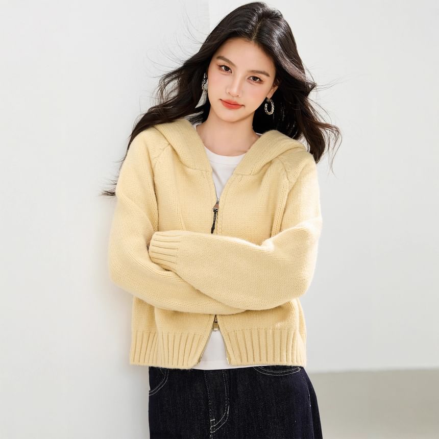 Plain Zip-Up Crop Knit Hoodie
