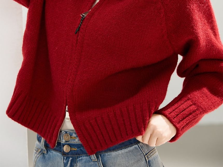 Plain Zip-Up Crop Knit Hoodie