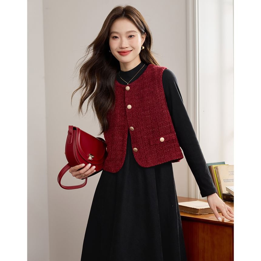 Round Neck Plain Tweed Button Vest