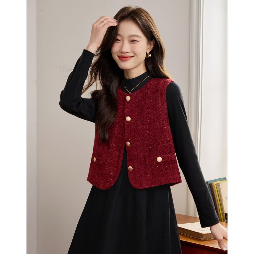 Round Neck Plain Tweed Button Vest