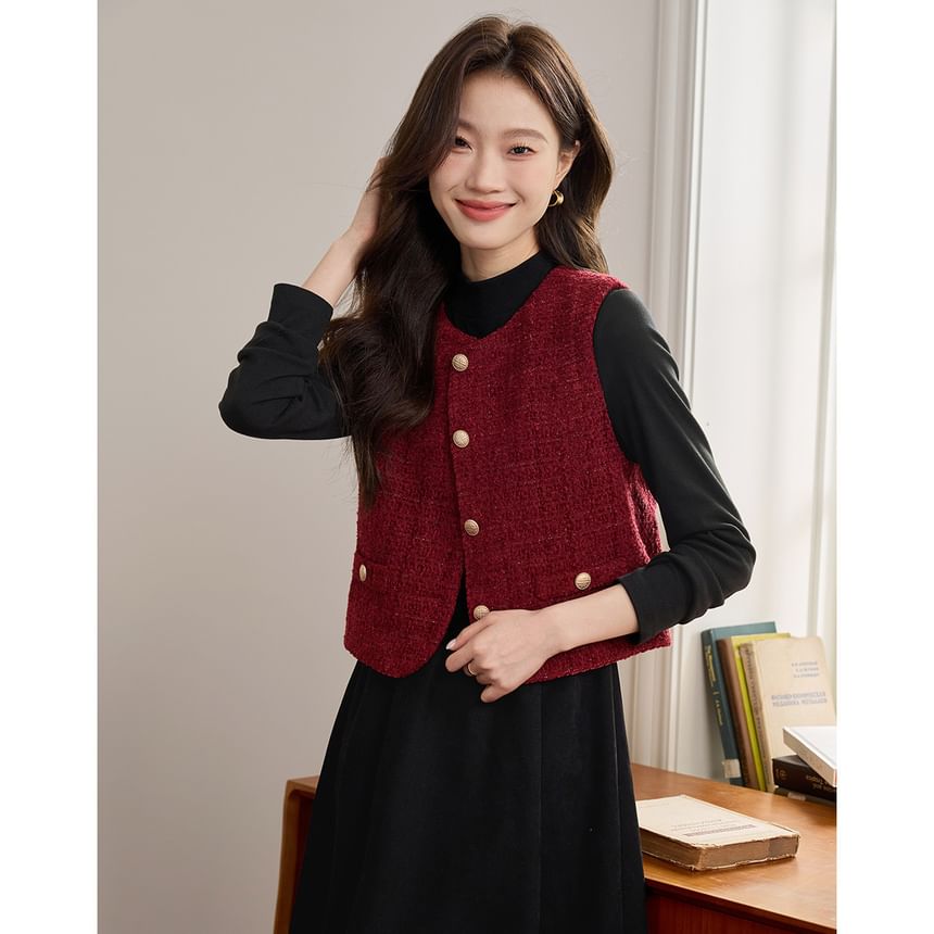 Round Neck Plain Tweed Button Vest