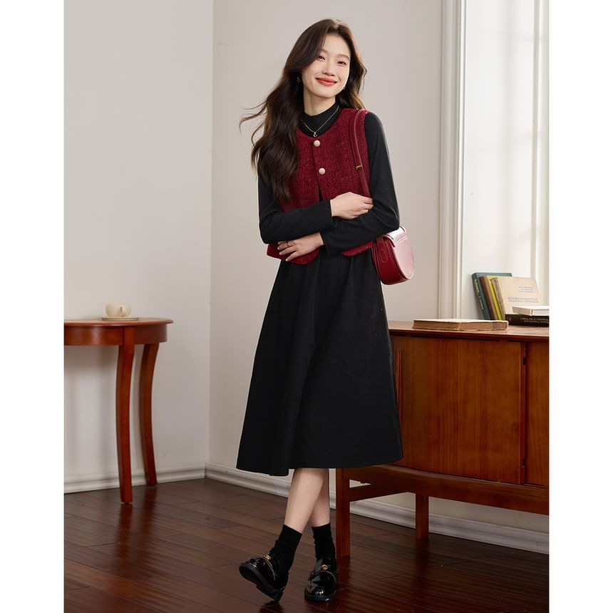 Round Neck Plain Tweed Button Vest