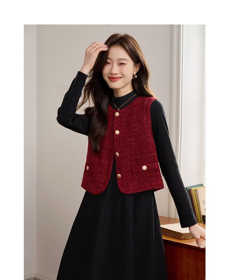 Round Neck Plain Tweed Button Vest