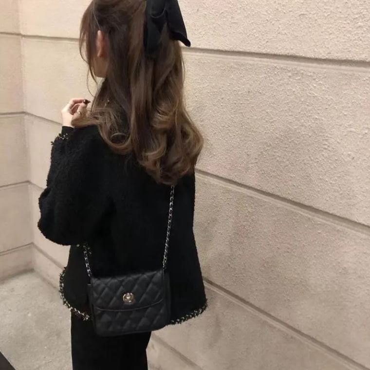 Round Neck Contrast Trim Tweed Button Jacket