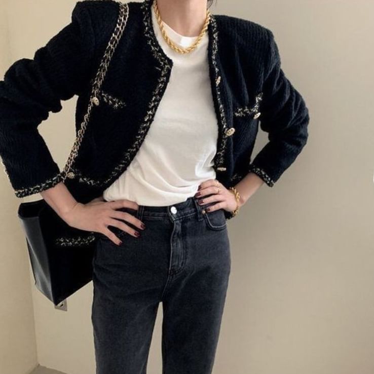 Round Neck Contrast Trim Tweed Button Jacket