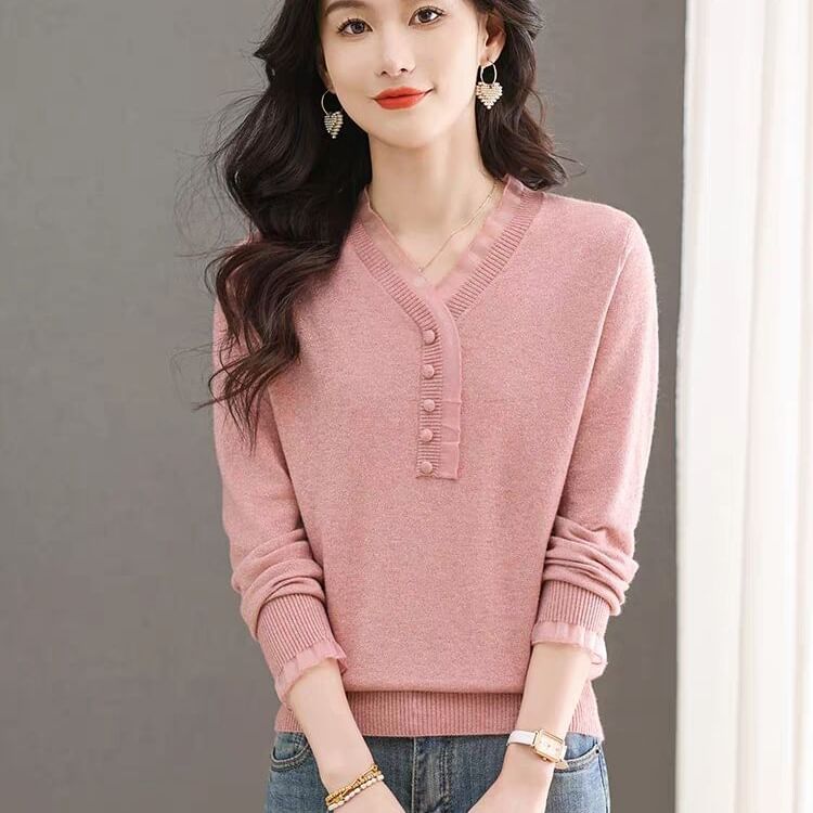 Long-Sleeve Henley Knit Top with Lace Trim