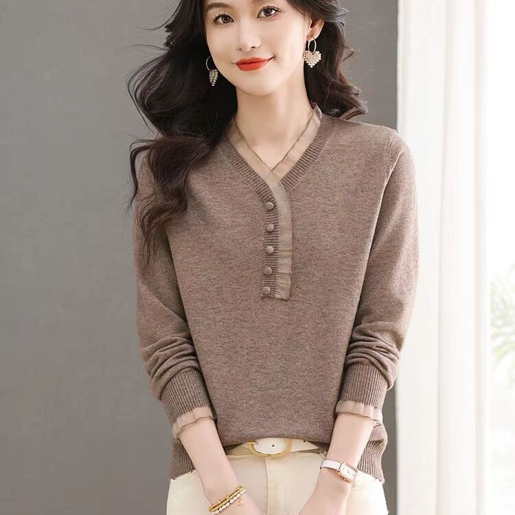 Long-Sleeve Henley Knit Top with Lace Trim