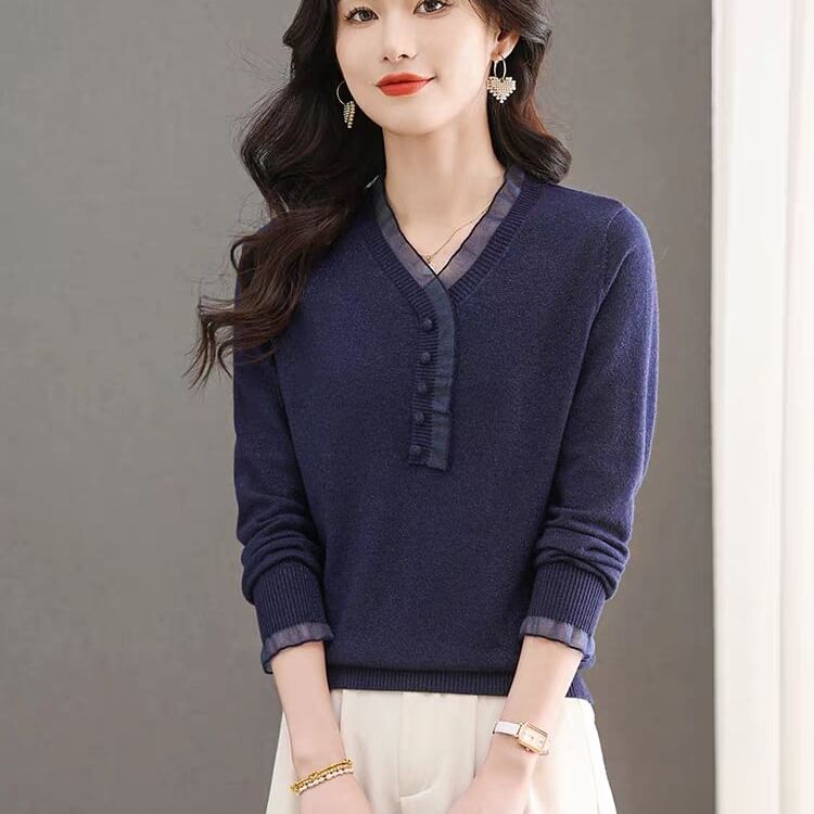 Long-Sleeve Henley Knit Top with Lace Trim
