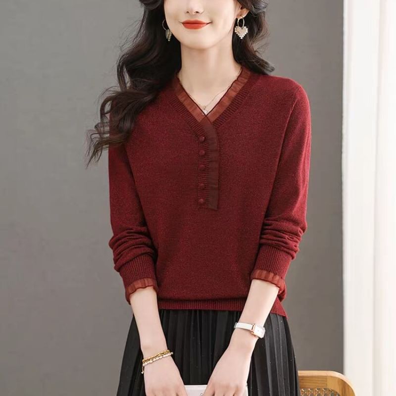 Long-Sleeve Henley Knit Top with Lace Trim