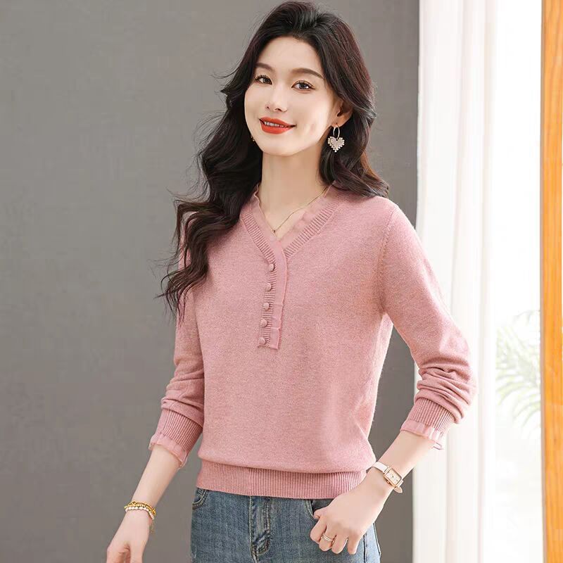 Long-Sleeve Henley Knit Top with Lace Trim
