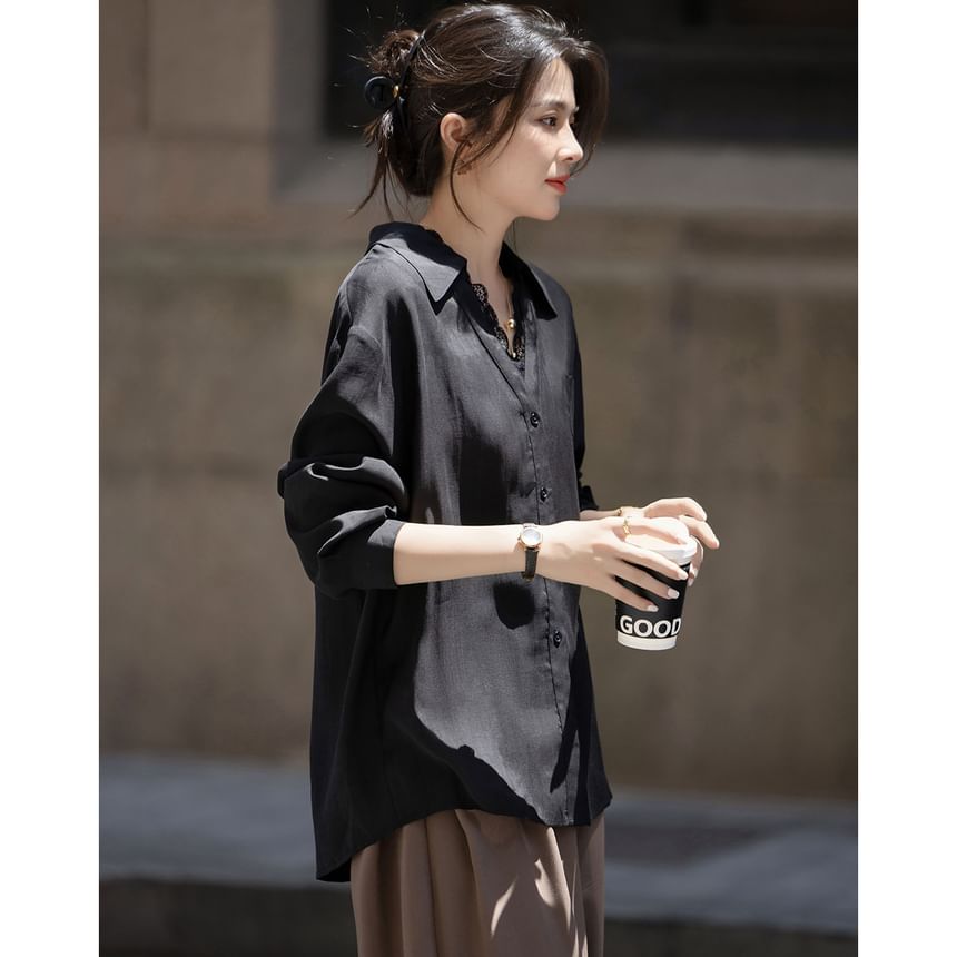 V-Neck Long-Sleeve Shirt with Lace Trim and Pocket