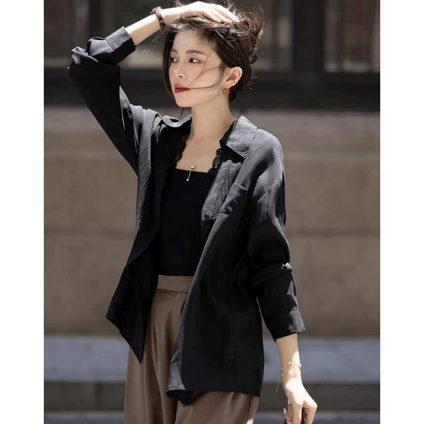 V-Neck Long-Sleeve Shirt with Lace Trim and Pocket