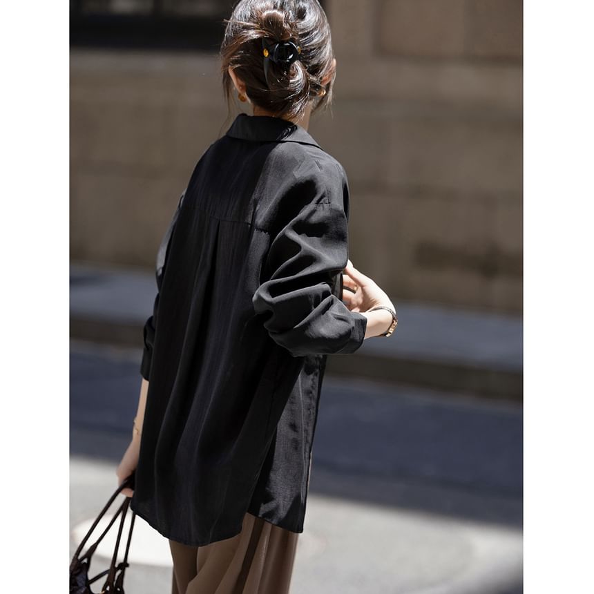 V-Neck Long-Sleeve Shirt with Lace Trim and Pocket