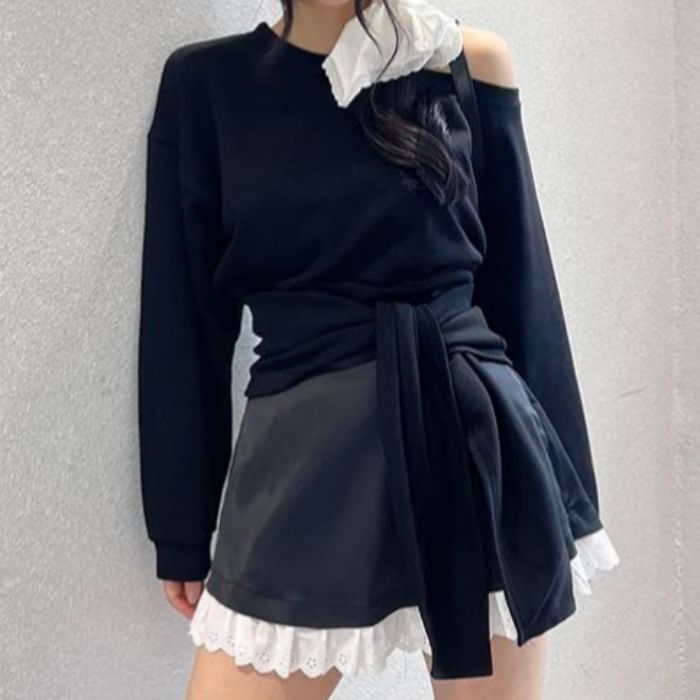 Boat Neck Knot Pullover & High Waist Lace Trim Mini Skirt