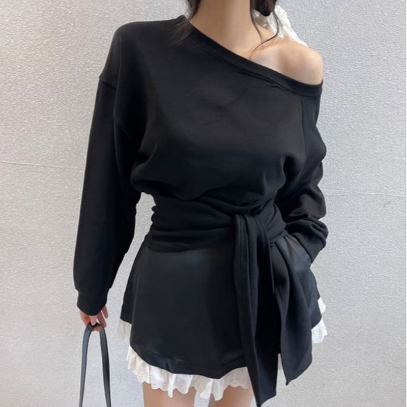 Boat Neck Knot Pullover & High Waist Lace Trim Mini Skirt