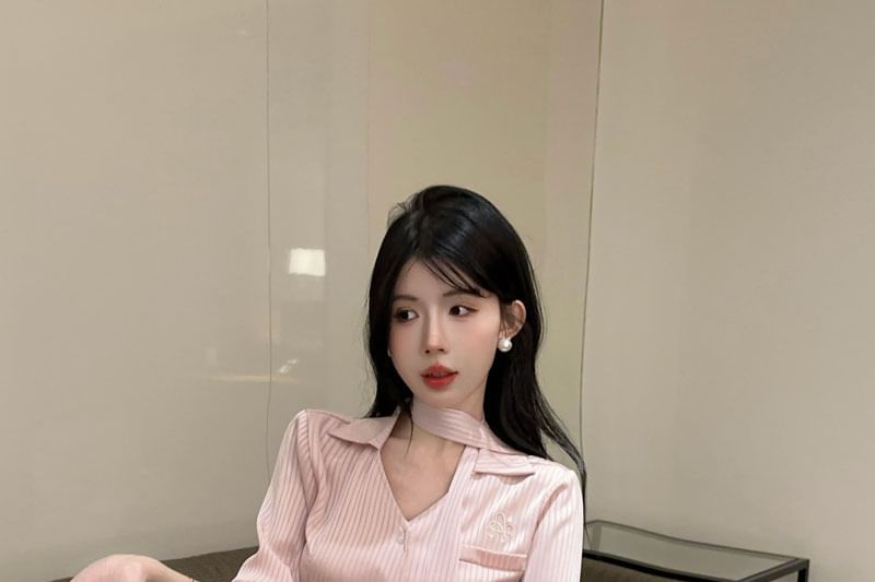 Pinstriped V-Neck Button-Up Sleeved Shirt + Pleated Mini Skirt