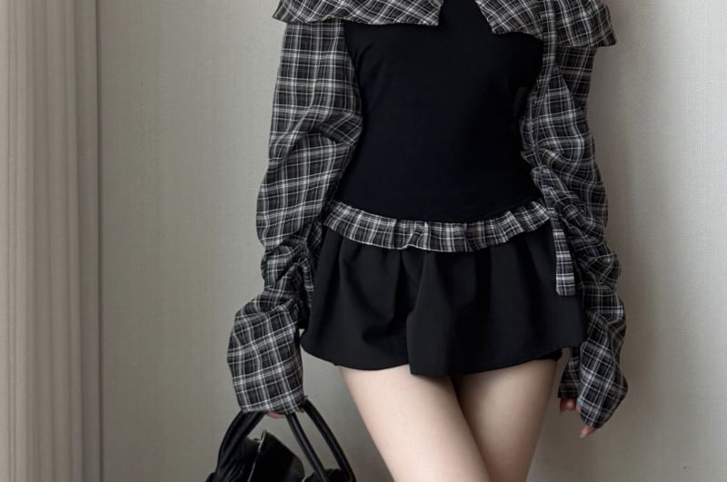 Off-Shoulder Plaid-Panel Long-Sleeved Cropped Top