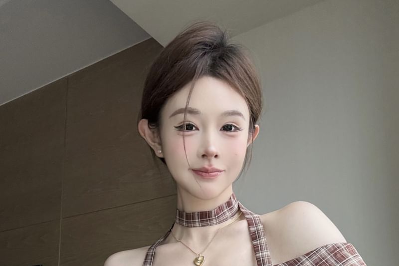 Off-Shoulder Plaid-Panel Long-Sleeved Cropped Top