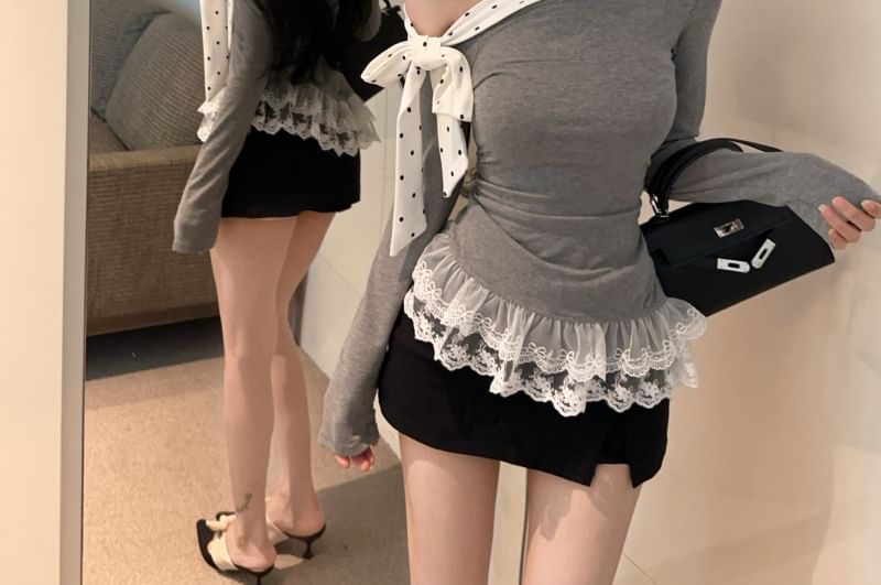 Long-Sleeve Off Shoulder Asymmetrical Lace Trim Tee