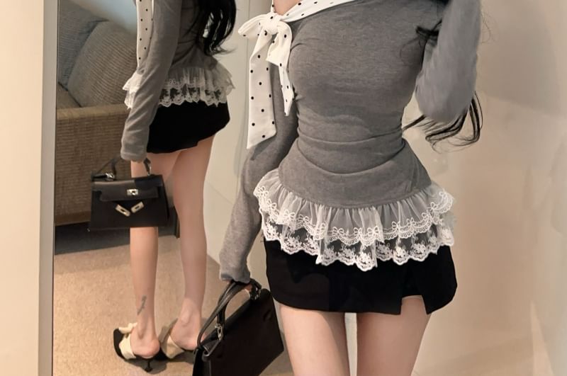 Long-Sleeve Off Shoulder Asymmetrical Lace Trim Tee