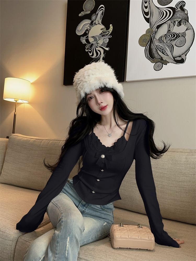 Plain Scoop-Neck Mock-Layer Sleeved Top