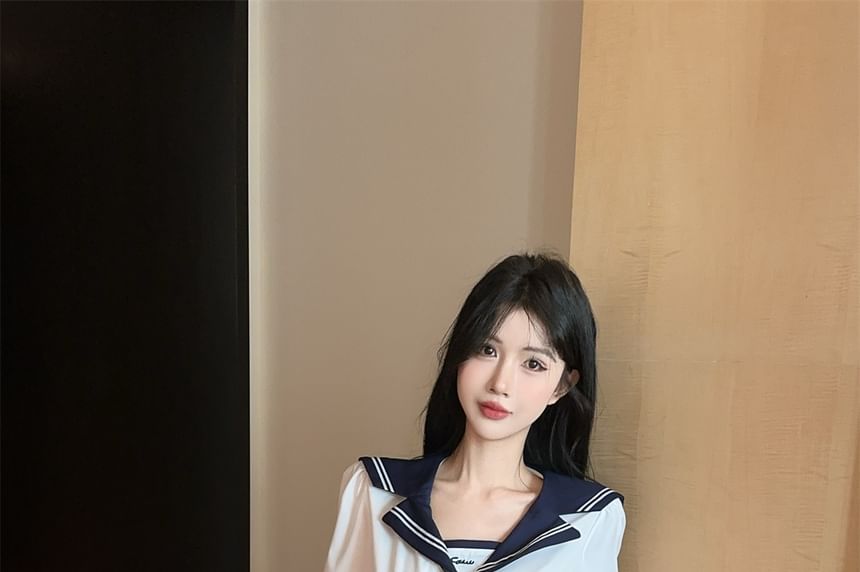 Sailor-Collar Two-Tone Neck-Tie Long-Sleeved Blouse & High-Rise Mini Pleated Skirt