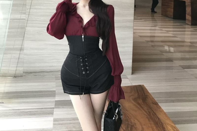 Long-Sleeve V-Neck Plain Ruffle Trim Two Tone Blouse / High Waist Plain Lace Up Shorts