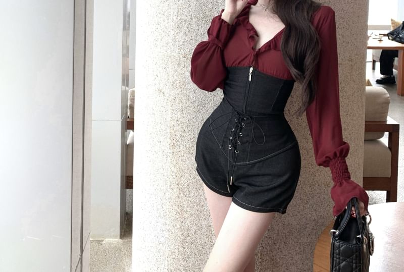 Long-Sleeve V-Neck Plain Ruffle Trim Two Tone Blouse / High Waist Plain Lace Up Shorts