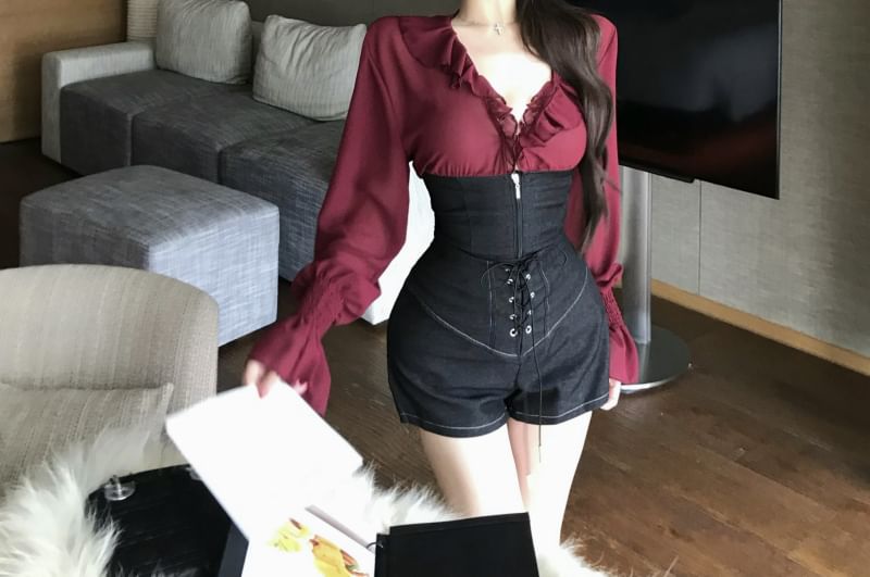 Long-Sleeve V-Neck Plain Ruffle Trim Two Tone Blouse / High Waist Plain Lace Up Shorts