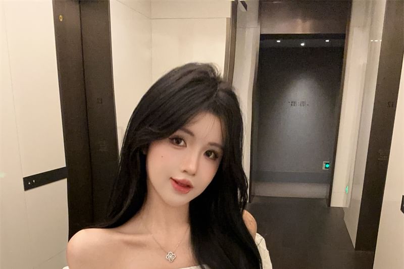 Long-Sleeve Off Shoulder Plain Lace Panel Blouse