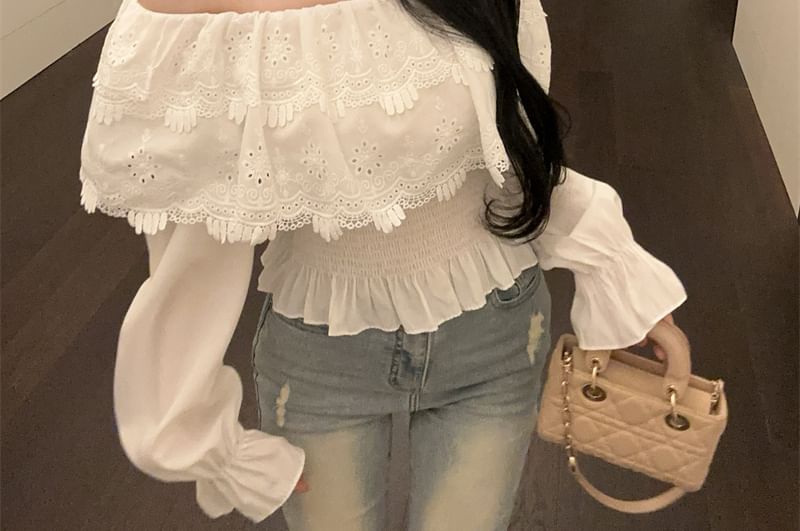 Plain Lace-Panel Off-Shoulder Sleeved Blouse